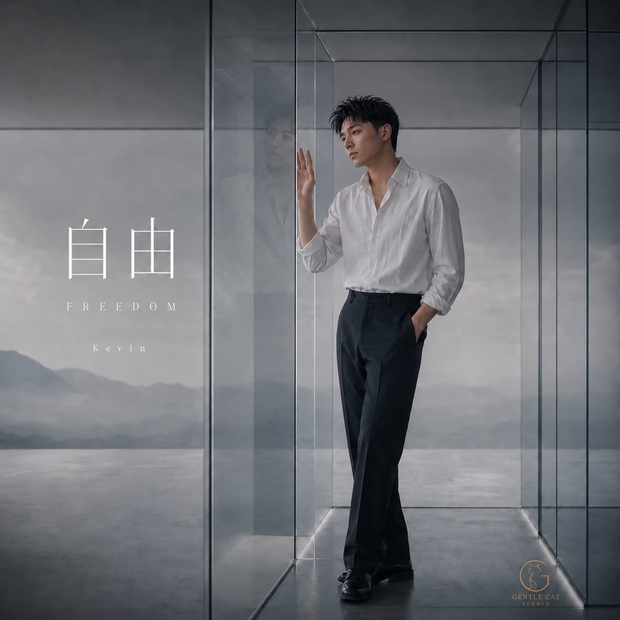 Kevin《自由》原始封面:玻璃房間裡的人與窗外遠山。